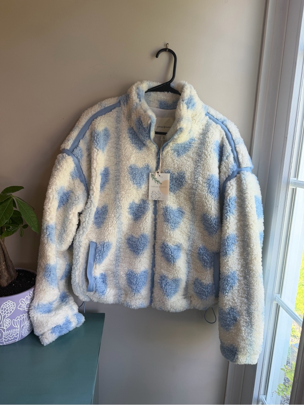 Thread & Supply Cream Sherpa Jacket with Light Blue Hearts